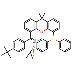 Chemical structure of [S(R)]-N-[(S)-[4-(1,1-Dimethylethyl)phenyl][5-(diphenylphosphino)-9,9-dimethyl-9H-xanthen-4-yl]methyl]-2-methyl-2-propanesulfinamide , CAS 2160535-59-9, AChemBlock W162153