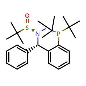 Chemical structure of [S(R)]-N-[(1S)-1-[2-(Di-tert-butylphosphanyl)phenyl]phenylmethyl]-N,2-dimethyl-2-propanesulfinamide , CAS 2253984-99-3, AChemBlock W162171