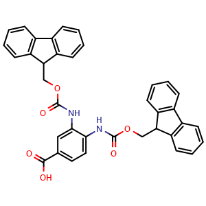Chemical structure of 3,4-Bis((((9H-fluoren-9-yl)methoxy)carbonyl)amino)benzoic acid , CAS 345958-22-7, AChemBlock W162250