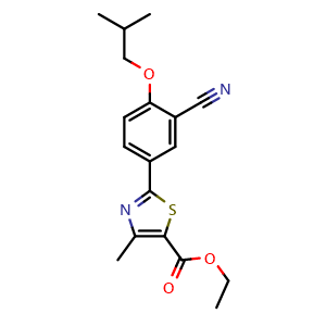 Chemical structure of Ethyl 2-(3-cyano-4-isobutoxyphenyl)-4-methyl-5-thiazolecarboxylate , CAS 160844-75-7, AChemBlock W162384