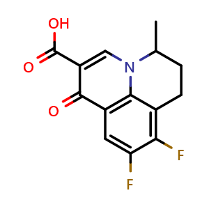 Chemical structure of 8,9-Difluoro-5-methyl-1-oxo-1,5,6,7-tetrahydropyrido[3,2,1-ij]quinoline-2-carboxylic acid , CAS 80076-47-7, AChemBlock W162424