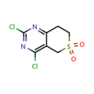 Chemical structure of 2,4-Dichloro-7,8-dihydro-5H-thiopyrano[4,3-d]pyrimidine 6,6-dioxide , CAS 1187830-50-7, AChemBlock W162571
