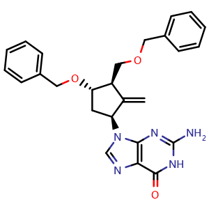 Chemical structure of 2-Amino-9-((1S,3R,4S)-4-(benzyloxy)-3-((benzyloxy)methyl)-2-methylenecyclopentyl)-1H-purin-6(9H)-one , CAS 142217-81-0, AChemBlock W162779