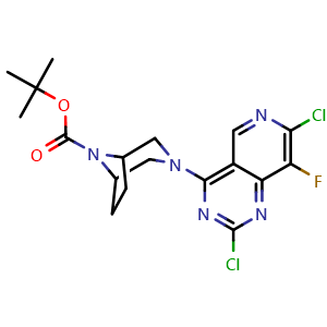 Chemical structure of tert-Butyl 3-(2,7-dichloro-8-fluoropyrido[4,3-d]pyrimidin-4-yl)-3,8-diazabicyclo[3 2 1]octane-8-carboxylate , CAS 2454397-98-7, AChemBlock W162864