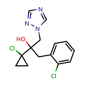 Chemical structure of 2-(1-Chlorocyclopropyl)-1-(2-chlorophenyl)-3-(1H-1,2,4-triazol-1-yl)propan-2-ol , CAS 120983-64-4, AChemBlock W163042
