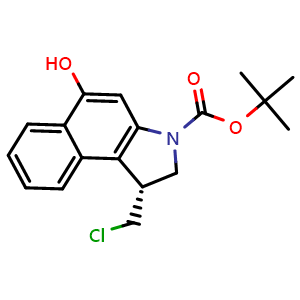 Chemical structure of Tert-butyl (R)-1-(chloromethyl)-5-hydroxy-1,2-dihydro-3H-benzo[e]indole-3-carboxylate , CAS 130008-89-8, AChemBlock W163145