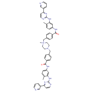 Chemical structure of 1-Methyl-1,4-bis(4-((4-methyl-3-((4-(pyridin-3-yl)pyrimidin-2-yl)amino)phenyl)carbamoyl)benzyl)piperazin-1-ium (Imatinib Impurity) , CAS 1821122-73-9, AChemBlock W163163