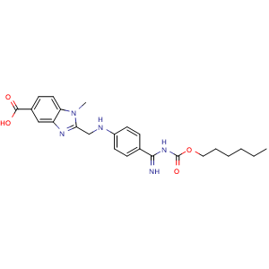 Chemical structure of 2-(((4-(N-((Hexyloxy)carbonyl)carbamimidoyl)phenyl)amino)methyl)-1-methyl-1H-benzo[d]imidazole-5-carboxylic acid (Dabigatran Impurity) , CAS 1912458-32-2, AChemBlock W163187