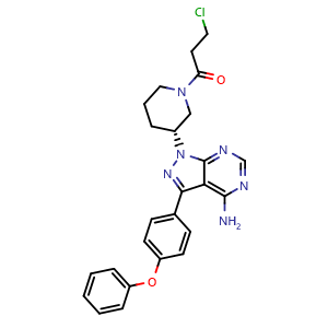 Chemical structure of (R)-1-(3-(4-Amino-3-(4-phenoxyphenyl)-1H-pyrazolo[3,4-d]pyrimidin-1-yl)piperidin-1-yl)-3-chloropropan-1-one  (Imatinib Impurity) , CAS 1288338-96-4, AChemBlock W163214