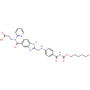 Chemical structure of 3-(2-(((4-(((Hexyloxy)carbonyl)carbamoyl)phenyl)amino)methyl)-1-methyl-N-(pyridin-2-yl)-1H-benzo[d]imidazole-5-carboxamido)propanoic acid  (Dabigatran Impurity) , CAS 1408238-37-8, AChemBlock W163227