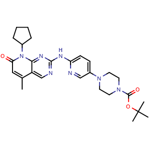 Chemical structure of tert-Butyl 4-(6-((8-cyclopentyl-5-methyl-7-oxo-7,8-dihydropyrido[2,3-d]pyrimidin-2-yl)amino)pyridin-3-yl)piperazine-1-carboxylate  (Palbociclib Impurity) , CAS 571189-65-6, AChemBlock W163232