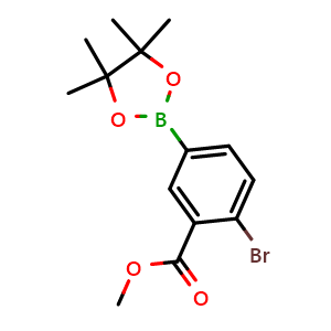 Chemical structure of Methyl 2-bromo-5-(4,4,5,5-tetramethyl-1,3,2-dioxaborolan-2-yl)benzoate , CAS 870195-96-3, AChemBlock W163263