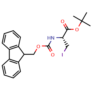 Chemical structure of tert-Butyl(R)-2-((((9h-fluoren-9-yl)methoxy)carbonyl)amino)-3-iodopropanoate , CAS 282734-33-2, AChemBlock W163397