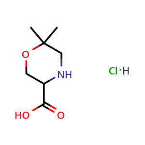 Chemical structure of 6,6-Dimethylmorpholine-3-carboxylicacidhydrochloride , CAS 1255098-60-2, AChemBlock W163398