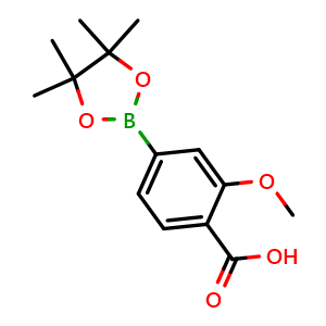 Chemical structure of 2-Methoxy-4-(tetramethyl-1,3,2-dioxaborolan-2-yl)benzoic acid , CAS 936728-23-3, AChemBlock W163472