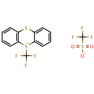 Chemical structure of 5-(Trifluoromethyl)-5H-thianthren-5-ium trifluoromethanesulfonate , CAS 2648079-79-0, AChemBlock W163480