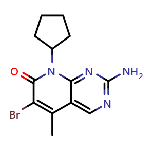 Chemical structure of 2-Amino-6-bromo-8-cyclopentyl-5-methylpyrido[2,3-d]pyrimidin-7(8H)-one , CAS 1637781-10-2, AChemBlock W163506