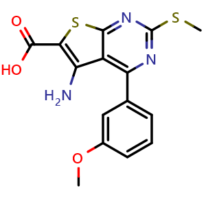 Chemical structure of 5-Amino-4-(3-methoxyphenyl)-2-(methylthio)thieno[2,3-d]pyrimidine-6-carboxylic acid , CAS 301847-46-1, AChemBlock W163551