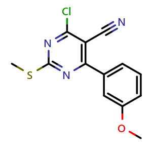 Chemical structure of 4-Chloro-6-(3-methoxyphenyl)-2-(methylthio)pyrimidine-5-carbonitrile , CAS 128666-82-0, AChemBlock W163552