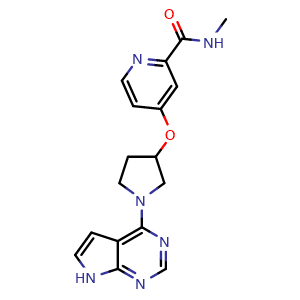 Chemical structure of 4-((1-(7H-Pyrrolo[2,3-d]pyrimidin-4-yl)pyrrolidin-3-yl)oxy)-N-methylpicolinamide , CAS 2223879-99-8, AChemBlock W163554