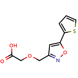 Chemical structure of 2-((5-(Thiophen-2-yl)isoxazol-3-yl)methoxy)acetic acid , CAS 1594478-22-4, AChemBlock W163565