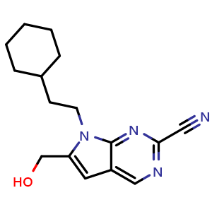 Chemical structure of 7-(2-Cyclohexylethyl)-6-(hydroxymethyl)-7H-pyrrolo[2,3-d]pyrimidine-2-carbonitrile , CAS 1059174-71-8, AChemBlock W163590