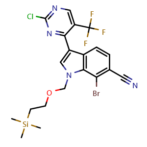 Chemical structure of 7-Bromo-3-(2-chloro-5-(trifluoromethyl)pyrimidin-4-yl)-1-((2-(trimethylsilyl)ethoxy)methyl)-1H-indole-6-carbonitrile , CAS 2173193-94-5, AChemBlock W163678