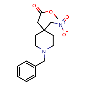 Chemical structure of Methyl 2-(1-benzyl-4-(nitromethyl)piperidin-4-yl)acetate , CAS 2274811-89-9, AChemBlock W163789
