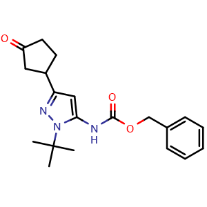 Chemical structure of Benzyl (1-(tert-butyl)-3-(3-oxocyclopentyl)-1H-pyrazol-5-yl)carbamate , CAS 2460255-78-9, AChemBlock W163791