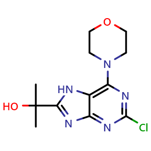 Chemical structure of 2-(2-Chloro-6-morpholino-7H-purin-8-yl)propan-2-ol , CAS 1198171-62-8, AChemBlock W163852