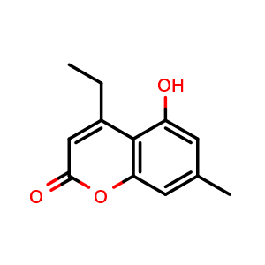 Chemical structure of 4-Ethyl-5-hydroxy-7-methyl-2H-chromen-2-one , CAS 62036-49-1, AChemBlock W163911