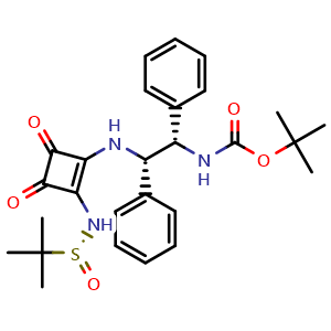 Chemical structure of tert-Butyl ((1S,2S)-2-((2-(((R)-tert-butylsulfinyl)amino)-3,4-dioxocyclobut-1-en-1-yl)amino)-1,2-diphenylethyl)carbamate , AChemBlock W163913