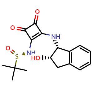 Chemical structure of (R)-N-(2-(((1R,2S)-2-Hydroxy-2,3-dihydro-1H-inden-1-yl)amino)-3,4-dioxocyclobut-1-en-1-yl)-2-methylpropane-2-sulfinamide , CAS 2092457-61-7, AChemBlock W163914