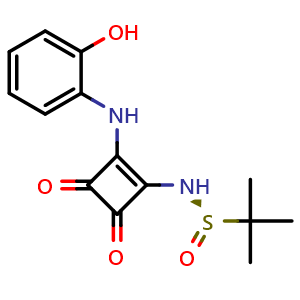 Chemical structure of (R)-N-(2-((2-Hydroxyphenyl)amino)-3,4-dioxocyclobut-1-en-1-yl)-2-methylpropane-2-sulfinamide , CAS 2972594-07-1, AChemBlock W163920