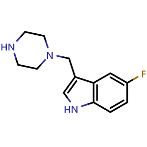 Chemical structure of 5-Fluoro-3-(piperazin-1-ylmethyl)-1H-indole , CAS 147595-45-7, AChemBlock W163994