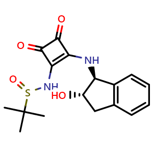 Chemical structure of N-(2-(((1S,2S)-2-Hydroxy-2,3-dihydro-1H-inden-1-yl)amino)-3,4-dioxocyclobut-1-en-1-yl)-2-methylpropane-2-sulfinamide , CAS 2092457-63-9, AChemBlock W164035