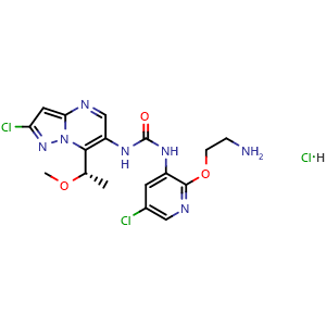Chemical structure of (S)-1-(2-(2-Aminoethoxy)-5-chloropyridin-3-yl)-3-(2-chloro-7-(1-methoxyethyl)pyrazolo[1,5-a]pyrimidin-6-yl)urea hydrochloride , CAS 2225148-34-3, AChemBlock W164148