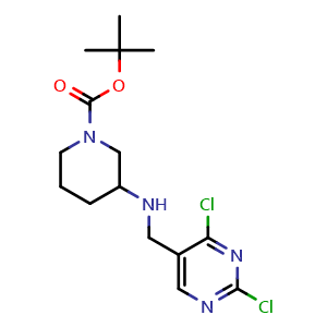 Chemical structure of tert-Butyl 3-(((2,4-dichloropyrimidin-5-yl)methyl)amino)piperidine-1-carboxylate , CAS 1420867-40-8, AChemBlock W164233