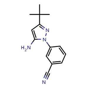 Chemical structure of 3-(5-Amino-3-(tert-butyl)-1H-pyrazol-1-yl)benzonitrile , CAS 876299-39-7, AChemBlock W164262