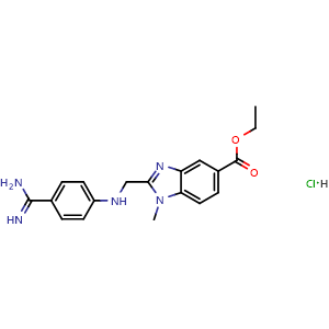 Chemical structure of Ethyl 2-(((4-carbamimidoylphenyl)amino)methyl)-1-methyl-1H-benzo[d]imidazole-5-carboxylate hydrochloride (Dabigatran Impurity) , CAS 1422435-39-9, AChemBlock W164283