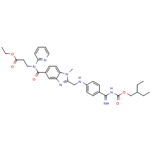 Chemical structure of Ethyl 3-(2-(((4-(N-((2-ethylbutoxy)carbonyl)carbamimidoyl)phenyl)amino)methyl)-1-methyl-N-(pyridin-2-yl)-1H-benzo[d]imidazole-5-carboxamido)propanoate (Dabigatran Impurity) , CAS 1610758-20-7, AChemBlock W164284