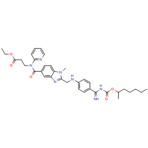 Chemical structure of Ethyl 3-(2-(((4-(N-((heptan-2-yloxy)carbonyl)carbamimidoyl)phenyl)amino)methyl)-1-methyl-N-(pyridin-2-yl)-1H-benzo[d]imidazole-5-carboxamido)propanoate (Dabigatran Impurity) , CAS 1610758-21-8, AChemBlock W164286