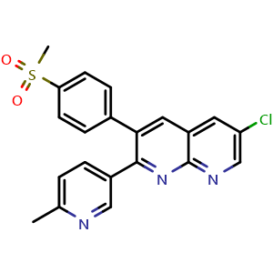 Chemical structure of 6-Chloro-2-(6-methylpyridin-3-yl)-3-(4-(methylsulfonyl)phenyl)-1,8-naphthyridine (Etoricoxib Impurity) , CAS 646459-41-8, AChemBlock W164294