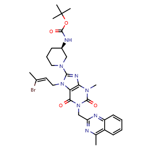 Chemical structure of (R,Z)-tert-Butyl (1-(7-(3-bromobut-2-en-1-yl)-3-methyl-1-((4-methylquinazolin-2-yl)methyl)-2,6-dioxo-2,3,6,7-tetrahydro-1H-purin-8-yl)piperidin-3-yl)carbamate (Linagliptin Impurity) , CAS 2803372-57-6, AChemBlock W164320