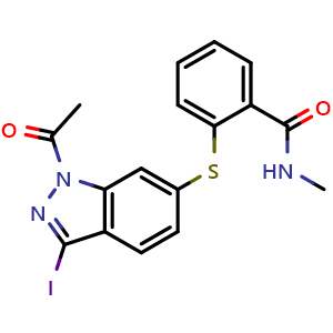 Chemical structure of 2-((1-Acetyl-3-iodo-1H-indazol-6-yl)thio)-N-methylbenzamide (Axitinib Impurity) , CAS 1639138-00-3, AChemBlock W164322