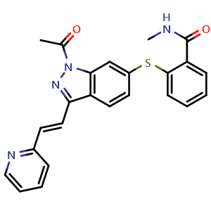 Chemical structure of (E)-2-((1-Acetyl-3-(2-(pyridin-2-yl)vinyl)-1H-indazol-6-yl)thio)-N-methylbenzamide (Axitinib Impurity) , CAS 1639137-80-6, AChemBlock W164323