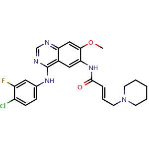Chemical structure of (E)-N-(4-((4-Chloro-3-fluorophenyl)amino)-7-methoxyquinazolin-6-yl)-4-(piperidin-1-yl)but-2-enamide (Dacomitinib Impurity) , CAS 2803478-54-6, AChemBlock W164353