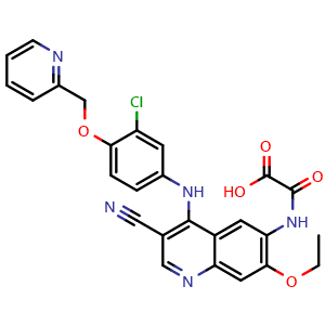 Chemical structure of 2-((4-((3-Chloro-4-(pyridin-2-ylmethoxy)phenyl)amino)-3-cyano-7-ethoxyquinolin-6-yl)amino)-2-oxoacetic acid (Neratinib Impurity) , CAS 1144516-13-1, AChemBlock W164370