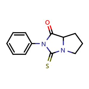 Chemical structure of 2-Phenyl-3-thioxohexahydro-1h-pyrrolo[1,2-c]imidazol-1-one , CAS 4333-21-5, AChemBlock W164407