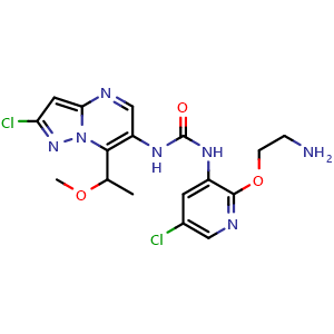 Chemical structure of 1-(2-(2-Aminoethoxy)-5-chloropyridin-3-yl)-3-(2-chloro-7-(1-methoxyethyl)pyrazolo[1,5-a]pyrimidin-6-yl)urea , CAS 2803455-94-7, AChemBlock W164473
